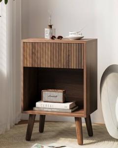 Nightstand, Modern Bedside Table with Storage Drawers and Open Wood Shelf, Night Stand with Solid Wood Legs, End Tables Side Tables for Living Room, Bedroom Walnut
