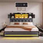 DWVO King Size Bed Frame with RGB LED Lights & Storage Bookcase Headboard, Upholstered Bed with Charging Station and 4 Drawers, No Box Spring Needed, Easy Assembly, Noise-Free, Velvet Grey