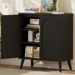 Keehusux 15.7" D Black Buffet Cabinet with Storage, Boho Buffet Sideboard with Adjustable Shelf and Solid Wood Legs, Accent Floor Storage Cabinet for Kitchen, Living Room, Natural