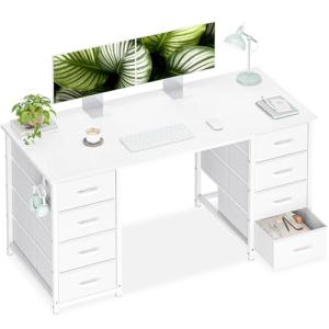 Casaottima 48 Inches Computer Desk with 8 Fabric Drawers, Modern Office Desk with Large Storage for Home Office, Study, White