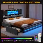 DWVO King Size Bed Frame with RGB LED Lights & Storage Bookcase Headboard, Upholstered Bed with Charging Station and 4 Drawers, No Box Spring Needed, Easy Assembly, Noise-Free, Velvet Grey