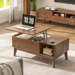 LYNCOHOME Fluted Lift Top Coffee Table with Storage, Modern Coffee Table for Living Room, Home Office（Walnut）