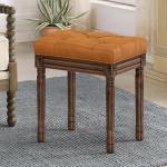 LUE BONA Upholstered Fabric Vanity Bench Seat, Makeup Stools for Vanity, Square Tufted Ottoman Bench with Carved Dark Brown Color Legs for Bedroom Living Room, Whiskey Brown
