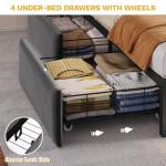 DWVO King Size Bed Frame with RGB LED Lights & Storage Bookcase Headboard, Upholstered Bed with Charging Station and 4 Drawers, No Box Spring Needed, Easy Assembly, Noise-Free, Velvet Grey