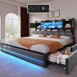 DWVO King Size Bed Frame with RGB LED Lights & Storage Bookcase Headboard, Upholstered Bed with Charging Station and 4 Drawers, No Box Spring Needed, Easy Assembly, Noise-Free, Velvet Grey