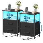 TRIFEBLE Nightstands Set of 2, Night Stand with Charging Station and Led Lights, Bedside Table with 2 Fabric Drawers for Bedroom, Small Side End Table with Open Shelf, Black
