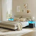 TRIFEBLE Nightstands Set of 2, Night Stand with Charging Station and Led Lights, Bedside Table with 2 Fabric Drawers for Bedroom, Small Side End Table with Open Shelf, Black