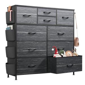 WLIVE Dresser for Bedroom with 10 Drawers, Fabric Dresser Chest of Drawers with Side Pockets and Hooks, Sturdy Metal Frame, Drawers Organizer Unit for Room, Hallway, Charcoal Black Wood Grain Print