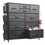 WLIVE Dresser for Bedroom with 10 Drawers, Fabric Dresser Chest of Drawers with Side Pockets and Hooks, Sturdy Metal Frame, Drawers Organizer Unit for Room, Hallway, Charcoal Black Wood Grain Print