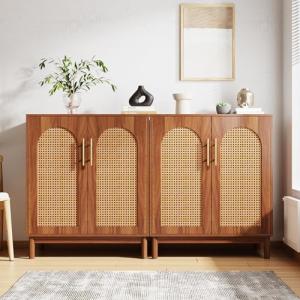 Tribesigns Set of 2 Rattan Sideboard Buffet with Storage, 59 Inch Accent Cabinet with Doors, Storage Cabinet for Dining Room, Living Room, Kitchen, Caramel Brown