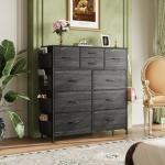 WLIVE Dresser for Bedroom with 10 Drawers, Fabric Dresser Chest of Drawers with Side Pockets and Hooks, Sturdy Metal Frame, Drawers Organizer Unit for Room, Hallway, Charcoal Black Wood Grain Print