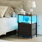 TRIFEBLE Nightstands Set of 2, Night Stand with Charging Station and Led Lights, Bedside Table with 2 Fabric Drawers for Bedroom, Small Side End Table with Open Shelf, Black