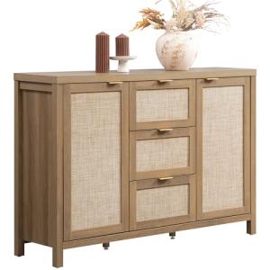 SICOTAS Rattan Sideboard Buffet Cabinet with Storage - 52" Larger Farmhouse Credenza Storage Coffee Bar Cabinet with 3 Drawers & 2 Doors, Boho Console Table for Living Room, Kitchen, Caramel Oak