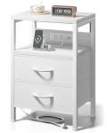 Lazzanto NightStand Bedside Charging Table Bedroom - Night Stand with Charger Station, White Modern Bed Side End Table with Open Shelf & 2 Fabric Drawers, USB-C Port & AC Outlets for Dorm, Living Room
