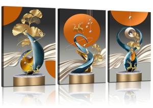 3 Pcs Golden Deer Canvas Wall Art Modern Abstract Paintings Pictures Wall Decor Ginkgo Leaf Luxury Foil Lines Posters Prints for Living Room Bedroom Office Home Decoration Ready to hang 12inx16in canvas