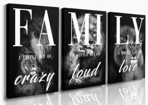 GUBIYU Farmhouse Family Wall Art Set of 3 Home Living Room Dining Room Wall Decor Animal Lion Art Black Gray Rustic Wood Framed Modern Wall Decor for Living Room,Family Signs Prints Canvas 12"x16"