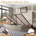AMERLIFE Lift Up Storage Bed King Size Linen Upholstered Platform Bed Frame, Hydraulic Storage,Modern Wingback Headboard, No Box Spring Needed, Khaki