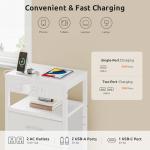 Lazzanto NightStand Bedside Charging Table Bedroom - Night Stand with Charger Station, White Modern Bed Side End Table with Open Shelf & 2 Fabric Drawers, USB-C Port & AC Outlets for Dorm, Living Room