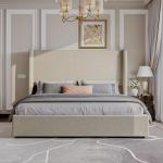 AMERLIFE Lift Up Storage Bed King Size Linen Upholstered Platform Bed Frame, Hydraulic Storage,Modern Wingback Headboard, No Box Spring Needed, Khaki