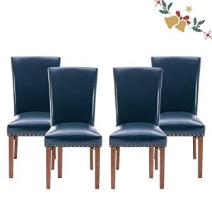 Parsons Dining Chairs Set of 4, Upholstered Nailhead PU Leather Dining Room Kitchen Side Chair with Thick Cushions and Wood Legs, Blue