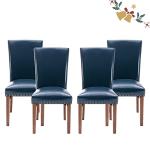 Parsons Dining Chairs Set of 4, Upholstered Nailhead PU Leather Dining Room Kitchen Side Chair with Thick Cushions and Wood Legs, Blue