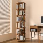 6 Tier Solid Wood Rotating Bookshelf on Wheels, 360° Spinning Book Shelf Tower, Round Revolving Bookcase Organizer, Rolling Bookshelves for Small Spaces, Corner, Bedroom, Kids Room, Office — Walnut