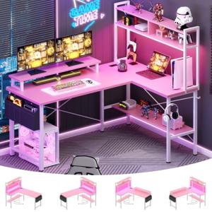 Aheaplus L Shaped Gaming Desk with Power Outlets & LED Lights, Small L- Shaped Desk Computer Corner Desk with Monitor Stand & Storage Shelf, Home Office Desk Writing Desk with Storage Bag, Pink