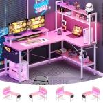 Aheaplus L Shaped Gaming Desk with Power Outlets & LED Lights, Small L- Shaped Desk Computer Corner Desk with Monitor Stand & Storage Shelf, Home Office Desk Writing Desk with Storage Bag, Pink
