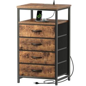 Huuger Night Stand with Charging Station, 4 Drawer Dresser for Bedroom, Bedside Table, 33.9 Inch Tall Nightstand with Open Shelf, End Table, for Closet, Entryway, Bedroom, Rustic Brown