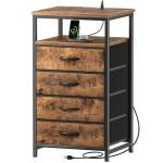 Huuger Night Stand with Charging Station, 4 Drawer Dresser for Bedroom, Bedside Table, 33.9 Inch Tall Nightstand with Open Shelf, End Table, for Closet, Entryway, Bedroom, Rustic Brown
