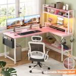 Aheaplus L Shaped Gaming Desk with Power Outlets & LED Lights, Small L- Shaped Desk Computer Corner Desk with Monitor Stand & Storage Shelf, Home Office Desk Writing Desk with Storage Bag, Pink