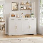 HOSTACK 60" Large Buffet Sideboard with Storage, 36" Tall Kitchen Buffet Storage Cabinet with 4 Drawers, Modern Coffee Bar Cabinet with Gold Handles, Long Sideboard Buffet Table for Kichen, White