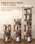 6 Tier Solid Wood Rotating Bookshelf on Wheels, 360° Spinning Book Shelf Tower, Round Revolving Bookcase Organizer, Rolling Bookshelves for Small Spaces, Corner, Bedroom, Kids Room, Office — Walnut