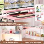 Aheaplus L Shaped Gaming Desk with Power Outlets & LED Lights, Small L- Shaped Desk Computer Corner Desk with Monitor Stand & Storage Shelf, Home Office Desk Writing Desk with Storage Bag, Pink