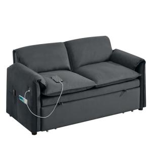 Hatppto 63" Velvet Pull Out Couch, 3 in 1 Convertible Sleeper Sofa Bed with Adjustable Backrest, Modern Loveseat Sleeper Sofa with USB & Side Pockets for Living Room, Bedroom, Apartment, Dark Grey