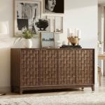 COLAMY 60" Sideboard Buffet Cabinet with Storage, Modern 4-Door Buffet Table with 3D Checkerboard Doors & Solid Wood Legs, Large Coffee Bar Cabinet for Dining Room, Living Room, Entryway, Espresso