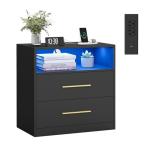 VASAGLE Custos Collection - 23.6 Inch Wide Nightstand with Charging Station, LED Lights, Modern Night Stand, Side End Table with Drawers, Open Shelf, 2 AC Outlets USB Ports, Ink Black