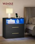 VASAGLE Custos Collection - 23.6 Inch Wide Nightstand with Charging Station, LED Lights, Modern Night Stand, Side End Table with Drawers, Open Shelf, 2 AC Outlets USB Ports, Ink Black
