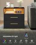 VASAGLE Custos Collection - 23.6 Inch Wide Nightstand with Charging Station, LED Lights, Modern Night Stand, Side End Table with Drawers, Open Shelf, 2 AC Outlets USB Ports, Ink Black