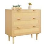 VEVOR 3 Drawer Rattan Dresser, Small Boho Dresser for Bedroom, 31.5" Wide Chest of Drawers with Metal Handles & Wooden Legs, Wood Clothing Storage Closet for Living Room, Hallway, Natural Oak