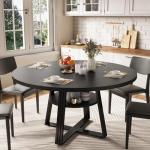 GarveeHome Round Dining Table for 4-6, 47.2 in Farmhouse Kitchen Table with Storage, Circle Dinner Tables for Kitchen, Dining Room, Living Room, Meeting Room, Apartment, Black (Only Table)