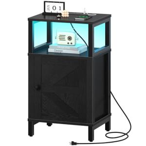 Yoobure Farmhouse NightStand with Charging Station，Wood Night Stand End with USB Ports, LED Bed Side Table with Storage Cabinet，Bedside Table for Bedroom, Living Room Black