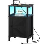 Yoobure Farmhouse NightStand with Charging Station，Wood Night Stand End with USB Ports, LED Bed Side Table with Storage Cabinet，Bedside Table for Bedroom, Living Room Black