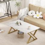 Wolawu Coffee Table Living Room Table White Center Table, Simple Modern Faux Marble Rectangular Tea Tables with Sturdy Gold Metal Frame,Industrial Wooden Coffee Table for Bedroom Home Office
