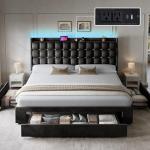 YITAHOME King Size Bed Frame with 3 Storage Drawers and RGB LED Lights, Velvet Upholstered Bed with Charging Station and Storage Headboard, No Box Spring Needed, Easy Assembly, Noise-Free, Black