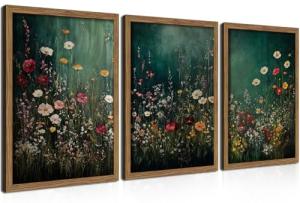 Vintage Wildflower Wall Art Set of 3, Moody Dark Green Flower Botanical Wall Decor Paintings,Nature Floral Farmhouse Landscape Posters Prints Pictures for Living Room Bedroom 12x16 Inch Wood Framed