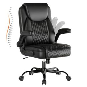 GTPLAYER Leather Office Chair, Home Desk Chair with Flip-up Arms and Ergonomic Back - Comfy Heavy Duty Executive Chair for Home Office Gaming, Black