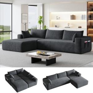Domiqut 108" Cloud Couch Modular Sectional Sofa for Living Room,L Shaped Boneless Couch with Deep Seat Chaise,No Assembly Required Foam Sleeper Sofa for Apartments,Plush Corduroy Fabric, Dark Gray