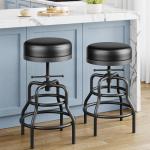 Raynesys Adjustable Height Swivel Bar Stools Set of 2, 22-29 Inch Industrial Vintage Bar Counter Height Stools with Thicken Premium Bonded Leather Seats & Updated Footrests, Easy Assembly, Black