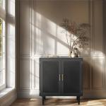 Finnhomy Sideboard Buffet Kitchen Storage Cabinet with Black Painted Rattan Decorated Doors, Dining Room, Hallway, Cupboard Console Table, Liquor/Accent Cabinet, 31.5X 15.8X 34.6 Inches, Black